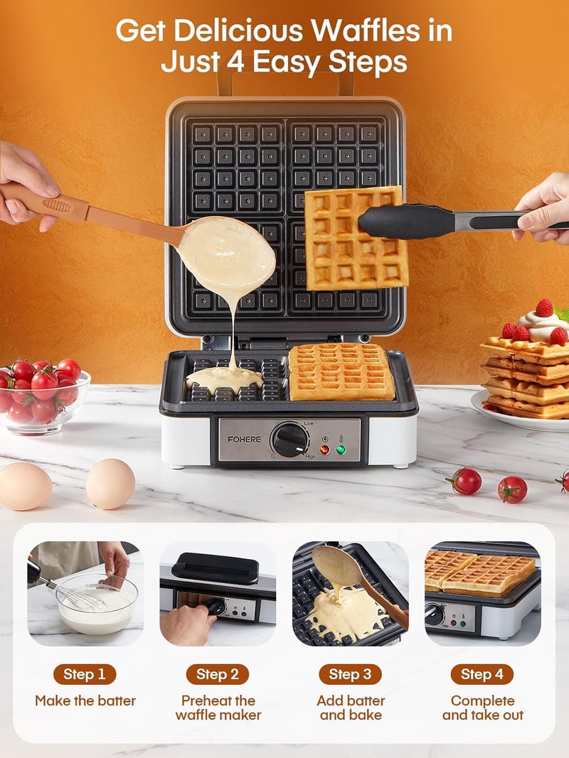 FOHERE Belgian Waffle Maker 4 Slices, 1200W Square Waffle Iron, 5 Browning Levels, Nonstick Plates, Cool-touch Handle, Anti-scald, Anti-overflow, Indicator Lights, Recipe, White (Large) - Image 5